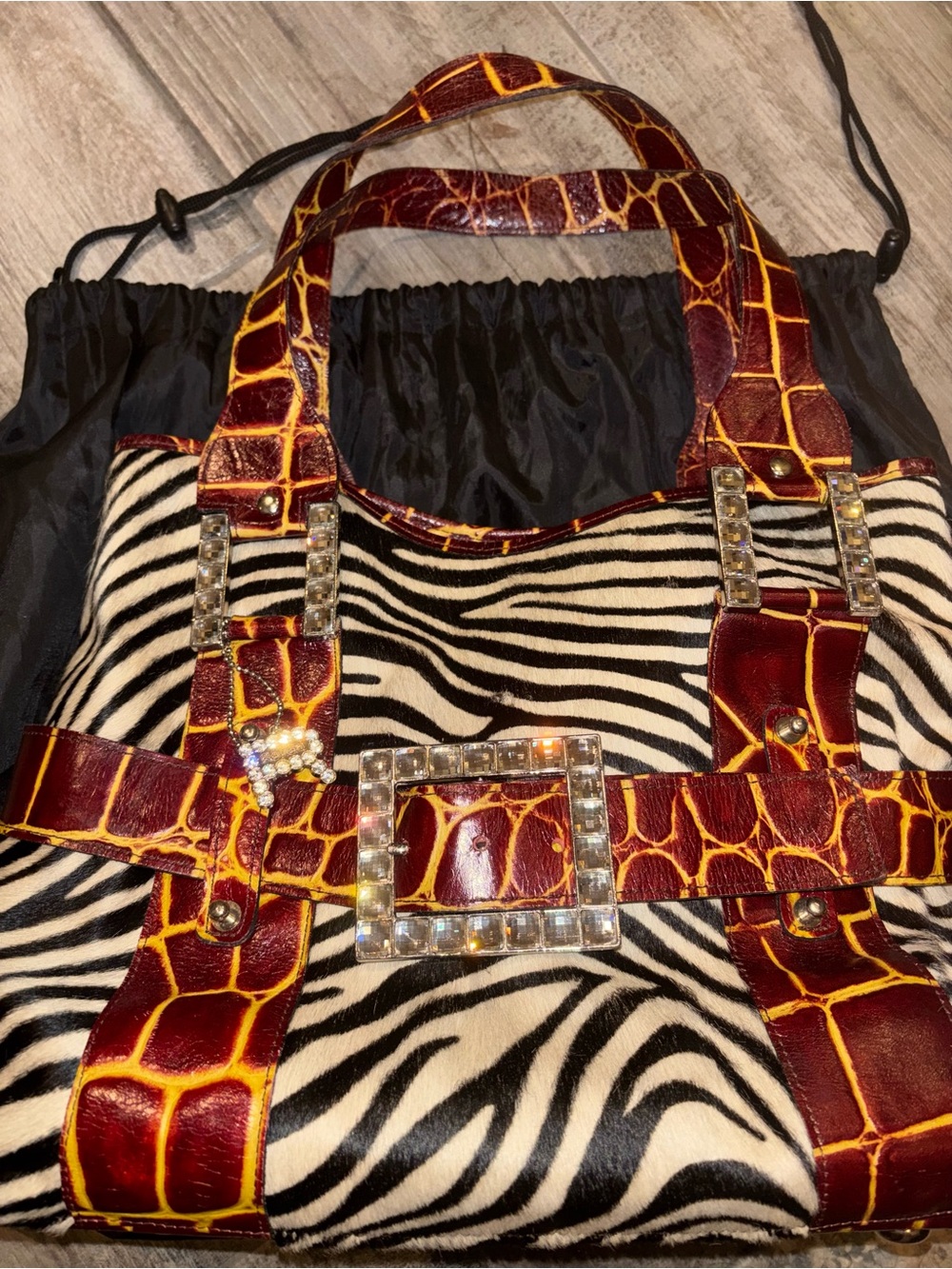 Vintage Raviani Red and Yellow Croc-Embossed Tote with Black Interior